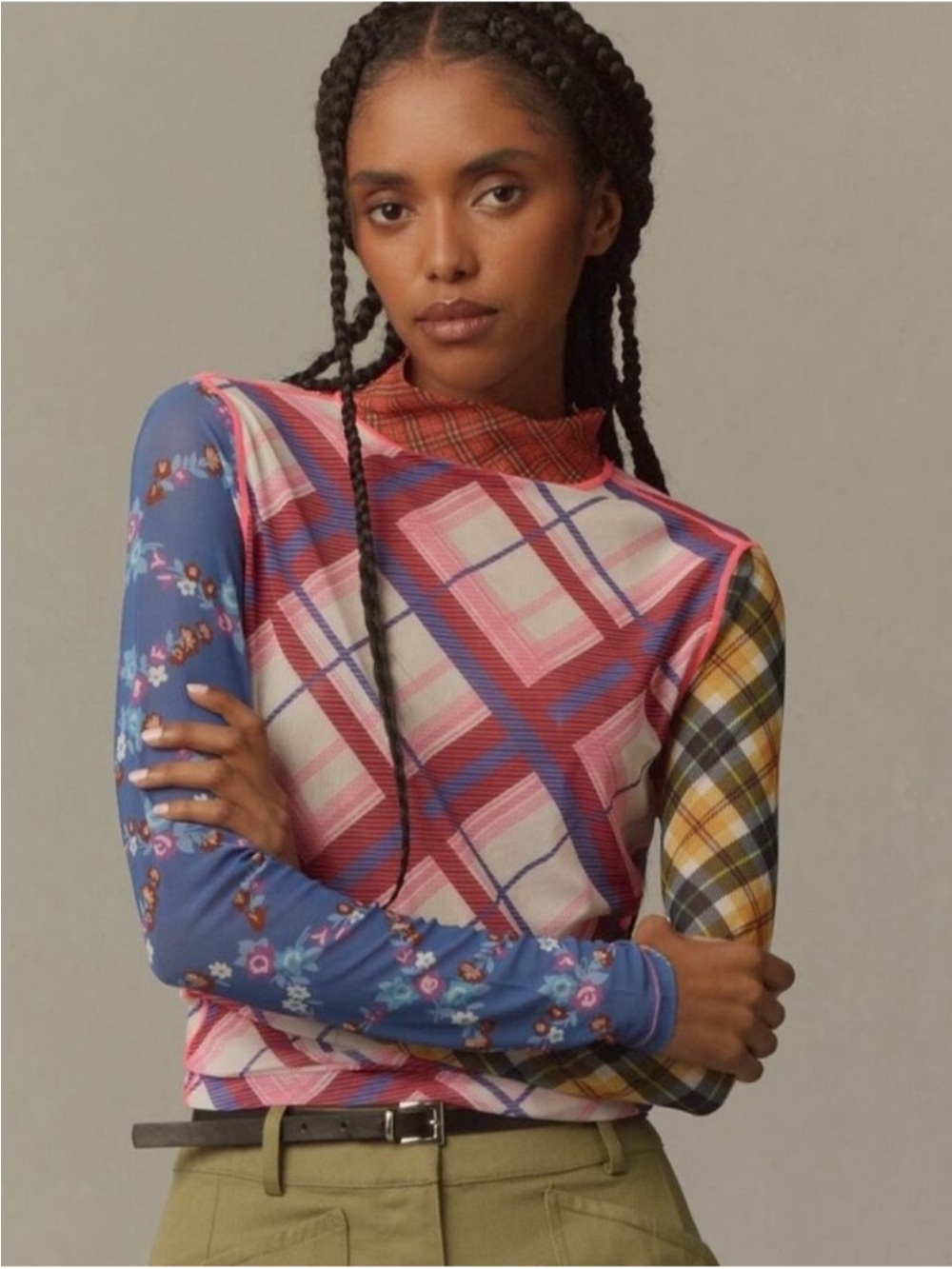 CeliaB Lennox Sheered Multicolor Mixed Print Mockneck Long Sleeve Top